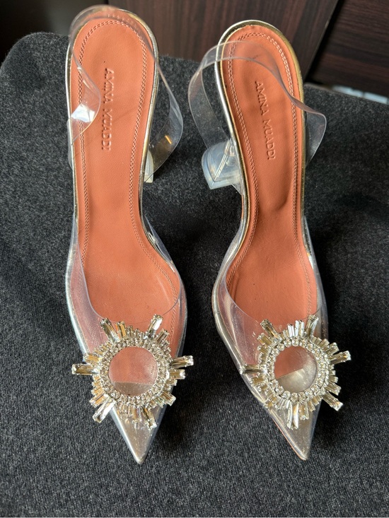 Amina Muaddi Shoes - Amina Muaddi Clear Slingback Pumps with Crystal Sunburst - Tan Insole